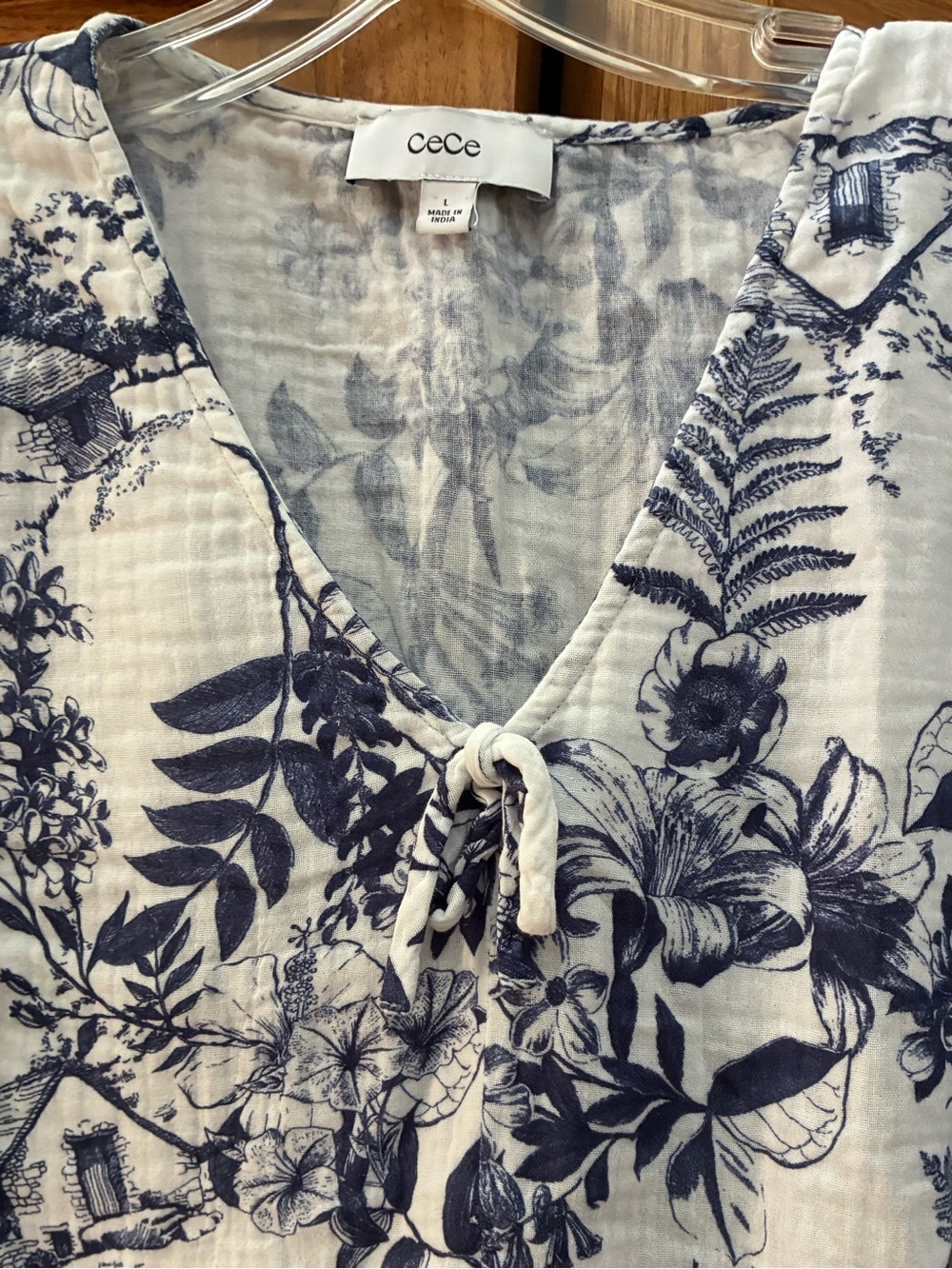 CeCe Navy Floral V-Neck Tie-Front Puff Sleeve Top - Picture 5 of 8
